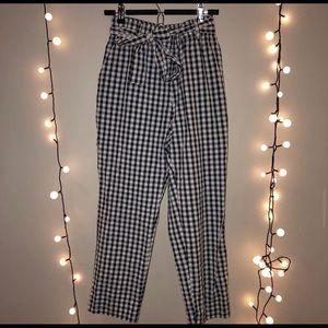 black and white checkered pants with tie belt